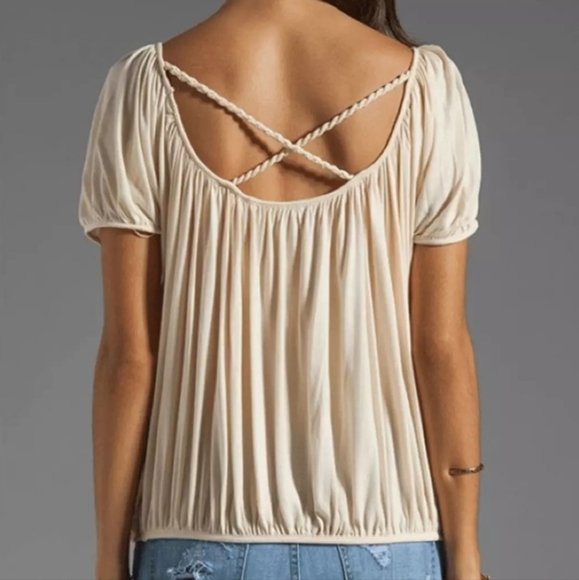 Free People Ann's Ruched Top in Tea, Boho, Scoop Neck, Criss-cross Back, EUC, M - Picture 2 of 13